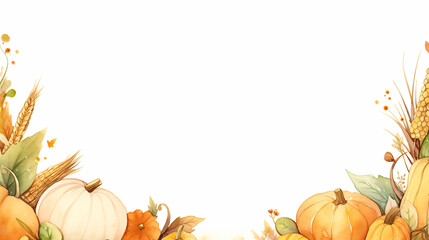 autumn leaves bottom frame border background with space for text neutral orange green light tones pumpkins seasonal holiday backdrop corn squash