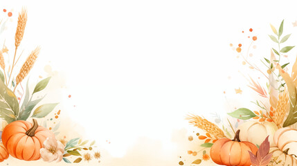 autumn leaves bottom frame border background with space for text neutral orange green light tones pumpkins seasonal holiday backdrop wheat squash