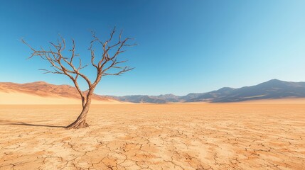 Desertification of land, advancing desert sands and dead trees, 3D illustration