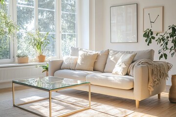 Fototapeta premium A mid-century modern interior photo of a living room with art-framed walls and a sofa and table. Generative AI 