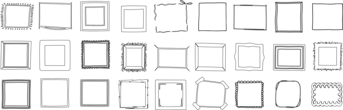 Square frames line art collection. This set of hand drawn minimalist frames showcases various designs, perfect for design projects, logos, and creative borders
