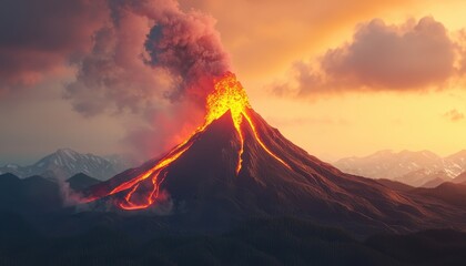 Volcanic eruption with lava flowing down mountainside, ash clouds rising, 3D illustration