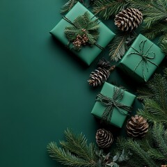 Christmas. Christmas gift boxes on a green background made of pine branches and pine cones