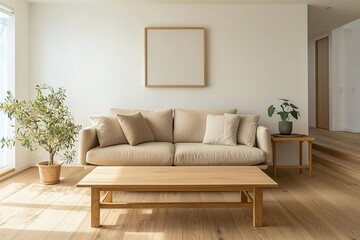 Fototapeta premium An interior photograph of a modern living room based on a Scandinavian interior. Generative AI 