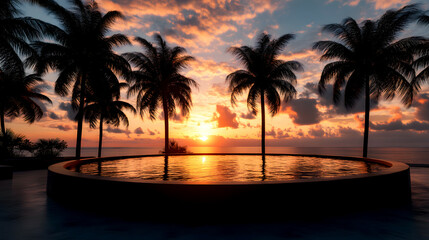 Obraz premium Tropical Sunset with Palm Trees and Podium View