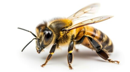 A vibrant bee with yellow and black markings, sitting on a white surface. This image captures the beauty of these insects.