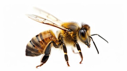 A close-up of a honey bee against white background. Hexagonal structure and wings visible.