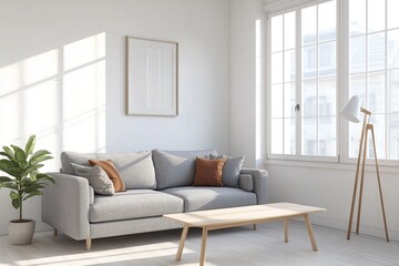 Fototapeta premium An interiors of a modern residential living room with art frames and sofas and tables based on Scandinavian interiors. Generative AI 