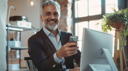 Fototapeta premium Man in a suit, smiling and using technology. Office environment.