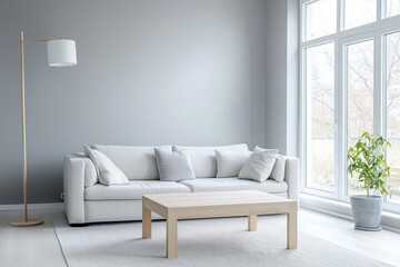 Modern living room interiors with light gray sofas based on Scandinavian interiors. Generative AI
