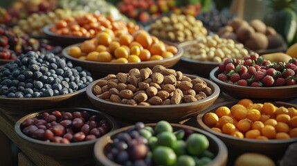 Vivid assortment of colorful fruits and nuts, showcasing a variety of flavors and textures.