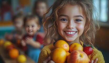 Fototapeta premium a child holding a pile of fruit