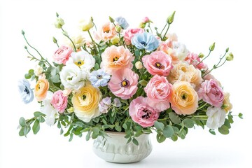 Obraz premium A beautiful arrangement of colorful flowers in a white vase, showcasing delicate petals and vibrant hues, perfect for decoration.