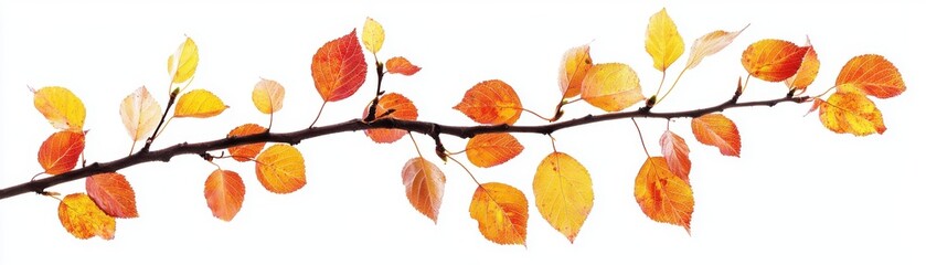 Obraz premium A beautiful branch adorned with vibrant autumn leaves in shades of orange and yellow against a clean white background.