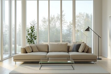 Fototapeta premium A mid-century modern interior photo of a living room with large windows and a sofa and table. Generative AI 