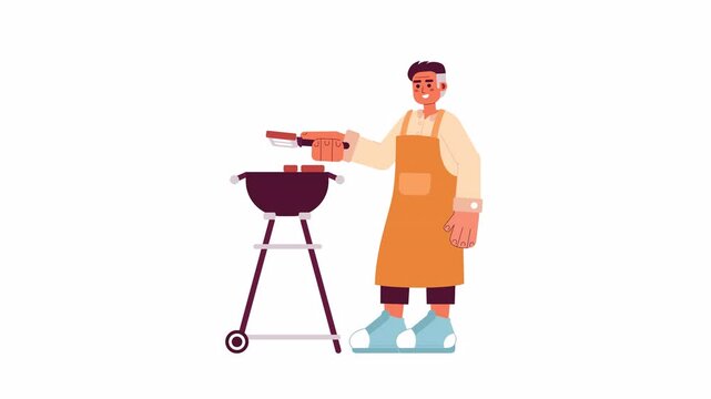 Senior man cooking meat on brazier cartoon animation. Barbeque party 4K video motion graphic. Happy caucasian male preparing grilled food animated 2D character isolated on white background
