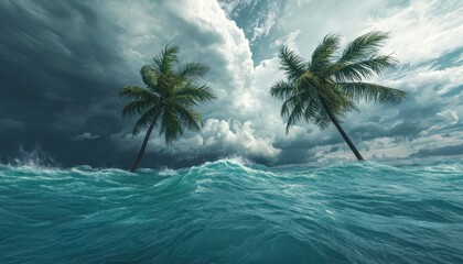 Cyclone spinning over a tropical island, palm trees bending under the wind, 3D illustration