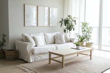 An interior photo of a modern living room with a white sofa based on a Scandinavian interior. Generative AI
