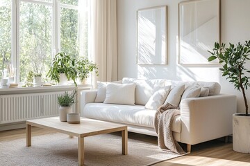 Minimalist, An interior photo of a modern living room with a white sofa based on a Scandinavian interior. Generative AI