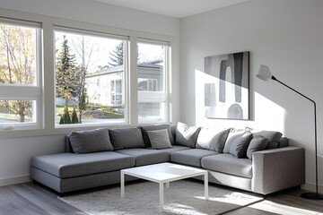 Fototapeta premium A mid-century modern interior in a residential living room with large windows and art frames hanging from the wall and a gray sofa. Generative AI 
