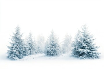 Fototapeta premium A serene winter landscape featuring snow-covered pine trees shrouded in soft fog, creating a tranquil and peaceful atmosphere.