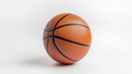 Fototapeta premium A vibrant orange basketball with black seams, resting on a clean white surface. Ideal for sports and fitness themes.