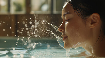Obraz premium Woman washing face, A woman splashes water onto her face in a spa-like bathroom setting. The water droplets are captured mid-motion, and the radiant, dewy glow of her skin