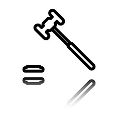Judge gavel simple icon vector. Flat design. Black icon with mirror reflection. White background