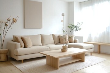 Minimalist, A contemporary Scandinavian interior in a living room with a wall hanging with art frames and a snug sofa and wooden table. Generative AI
