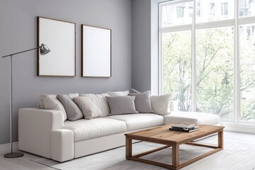 Minimalist, A photo of a mid-century modern interior in a modern living room with a fluffy sofa and table and a view of the pot. Generative AI