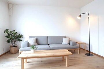 Minimalist, Modern living room interiors with light gray sofas based on Scandinavian interiors. Generative AI