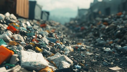 Obraz premium Overcrowded landfill with hazardous waste, toxic environment, 3D illustration