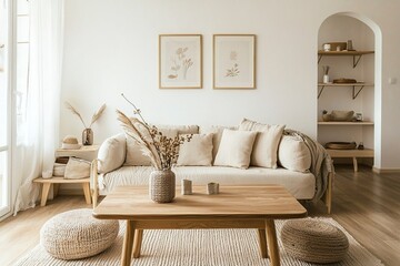 Minimalist, A contemporary Scandinavian interior in a living room with a wall hanging with art frames and a snug sofa and wooden table. Generative AI