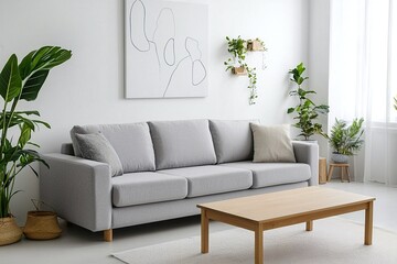 Minimalist, An interiors of a modern residential living room with art frames and sofas and tables based on Scandinavian interiors. Generative AI