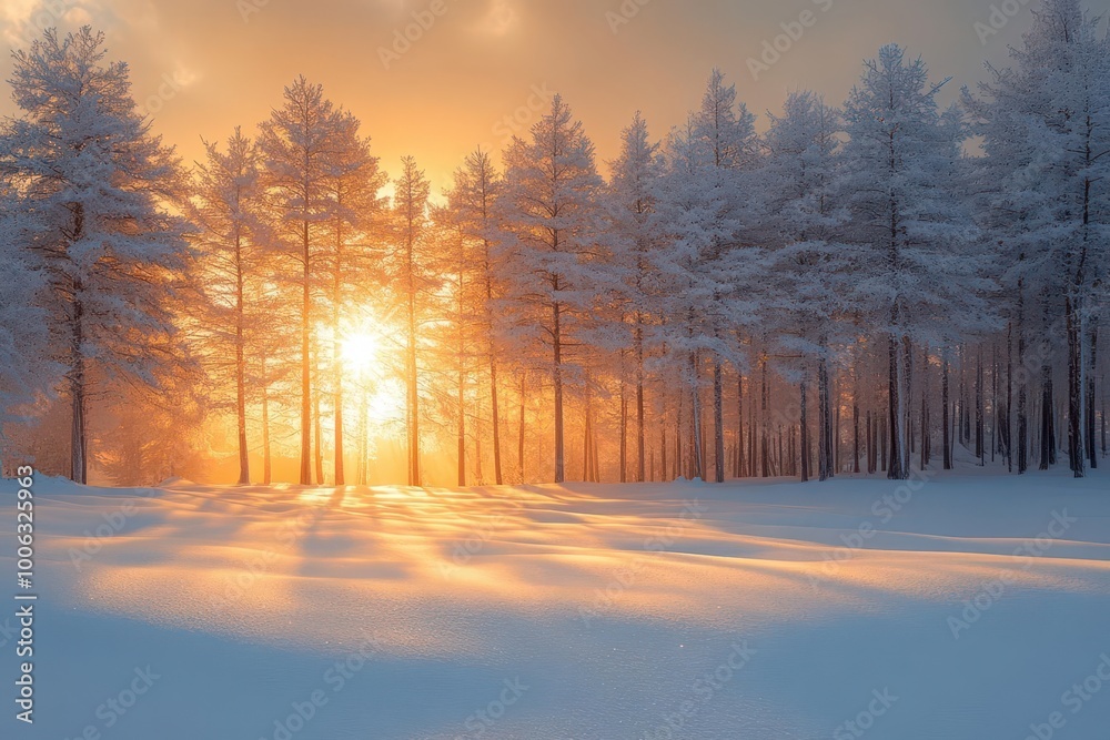 Wall mural winter forest blanketed in soft sparkling snow trees adorned with frost serene and peaceful ambiance