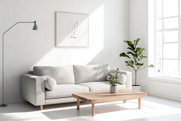 Minimalist, A mid-century modern interior in the living room with art frames hanging and fluffy sofas and wooden tables. Generative AI