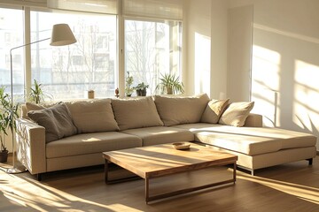 Fototapeta premium A Scandinavian interior photo of a modern living room with sofa and table view. Generative AI 