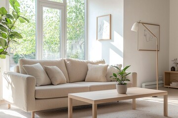 Fototapeta premium Minimalist, A mid-century modern interior photo of a living room with large windows and a sofa and table. Generative AI