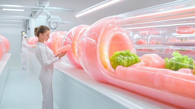 Sustainable food packaging innovation, biodegradable materials being processed in a futuristic manufacturing setting
