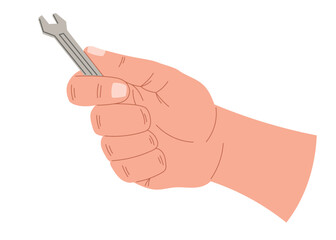 Fototapeta premium Male hand holding small metal wrench. Craftsman or repairman with working tool. Vector isolated on white flat cartoon illustration.
