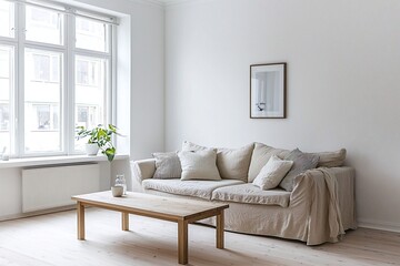 Fototapeta premium Minimalist, An interiors of a modern residential living room with art frames and sofas and tables based on Scandinavian interiors. Generative AI