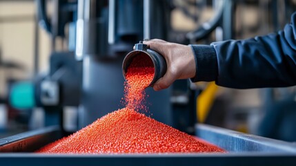 Bright red polymer granules are being poured into a large industrial hopper by a technician, with various colored granules visible in the blurred background, highlighting the manufacturing process