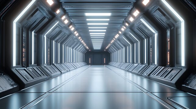 Fototapeta 3d illustration - clean futuristic alien scifi fantasy hangar tunnel corridor. 