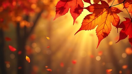 Autumn Leaves Hanging Above Ground with Golden Bokeh and Falling Particles