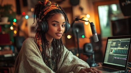 professional female podcaster recording audio content in her home studio, using a microphone and laptop to produce podcasts with a creative and comfortable studio setup