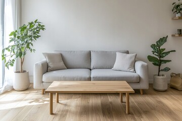 Minimalist, A mid-century modern interior photo of a living room with a wood table and light gray sofa. Generative AI