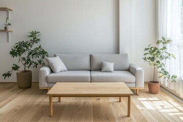 Minimalist, A mid-century modern interior photo of a living room with a wood table and light gray sofa. Generative AI