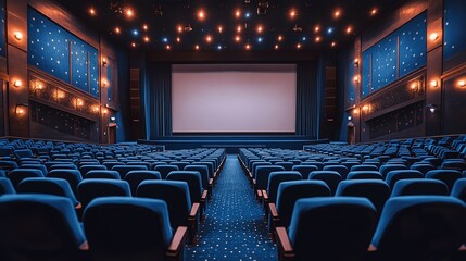 Fototapeta premium empty cinema hall with a blank white screen and blue ambiance, representing the perfect environment for relaxation, movie entertainment, and cinematic leisure activities