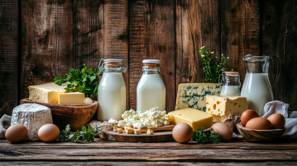 A rustic flat lay of various dairy products arranged on a wooden background. The scene features bottles of milk, a wedge of cheese, a bowl of cottage cheese, a jar of yogurt, a slab of butter,