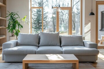 Fototapeta premium Minimalist, An interior photograph of a modern living room based on a Scandinavian interior. Generative AI